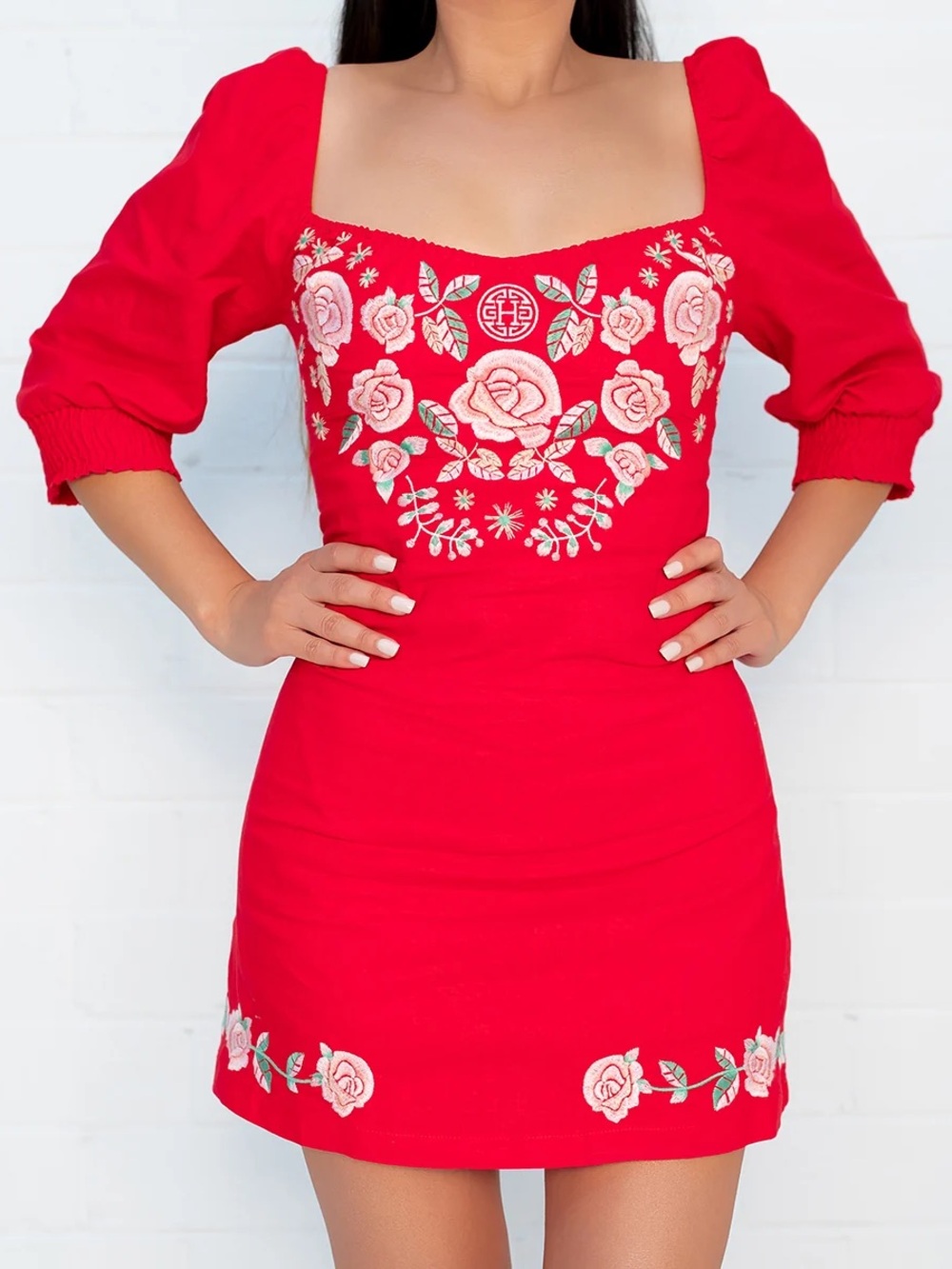 Herencia Collection Red Rose Carinosa Embroidered Puff Sleeve Mini Dress Small